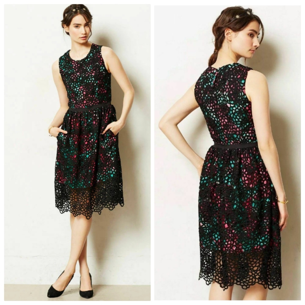 Anthropologie Black Crochet Lace "Terrace Sheeth Dress" by Wolven Pockets 10 - Picture 2 of 16